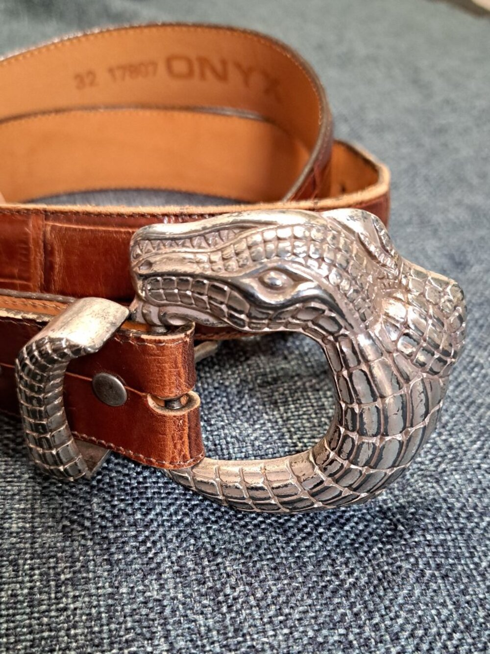ALLIGATOR BELT BUCKLE W ONYX BY BRIGHTON EMBOSSED LEATHER BELT LADIES 32"